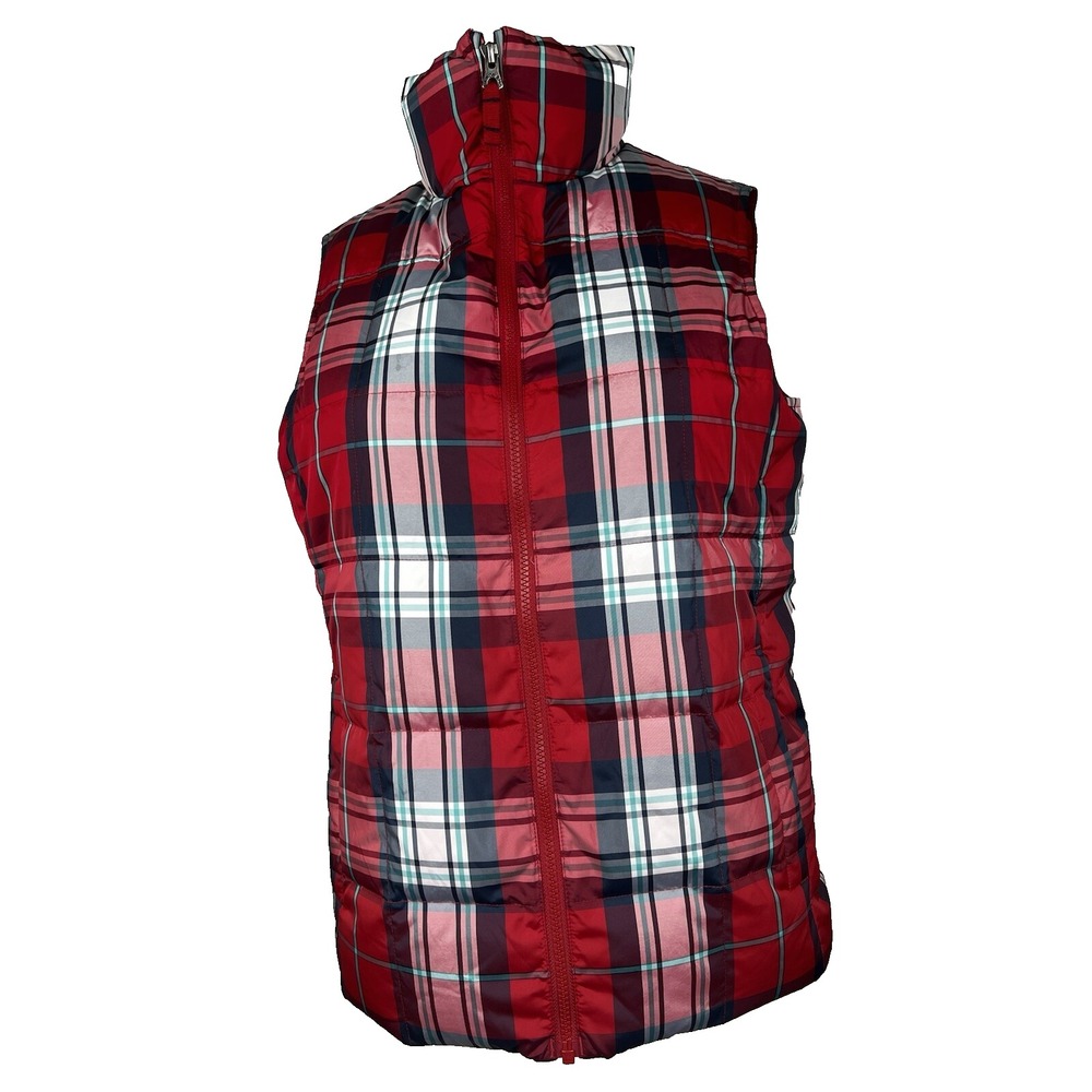 Lands' End Women Red Plaid Down/Feather Vest Small (6-8)